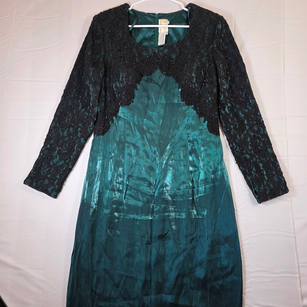 Vintage Studio SF Stone Ferris Emerald Green Beaded Lace Formal Dress Size 18